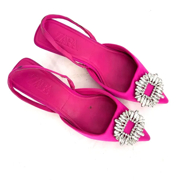 Zara Fuchsia Pink Rhinestone Buckle Slingback Kitten Heels Women's EU 39 US 8 - Image 2