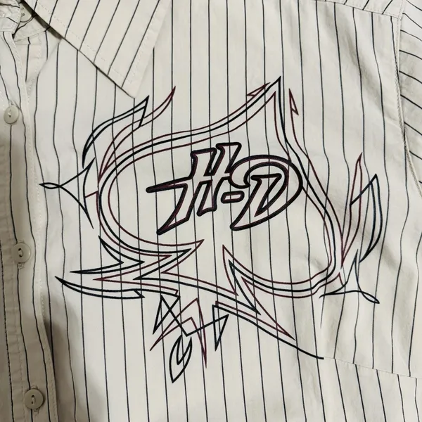 Harley Davidson Women White Pin Stripe Flaming Ace‎ Graphic Button Front XL - Image 2