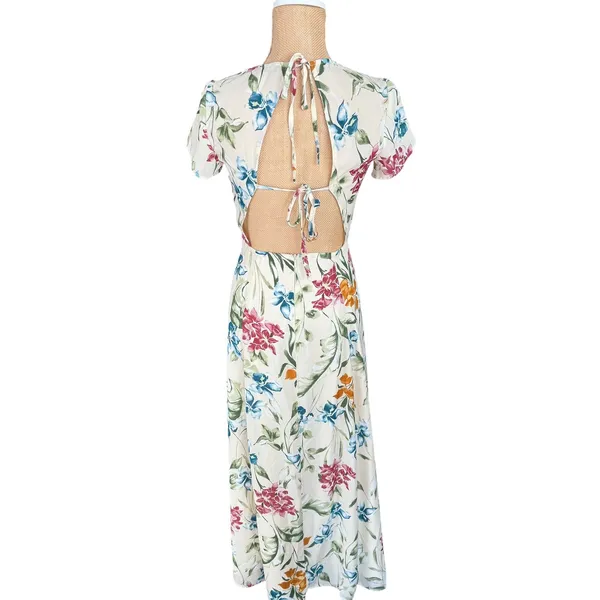 Lulus XS Floral Midi Dress Tie Back Slit Tropical Summer‎ Vacation - Image 3