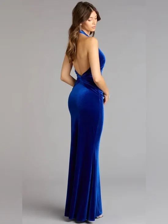 Blue Velvet Old Hollywood Style Floor Length Formal Gown - NEW - Image 2