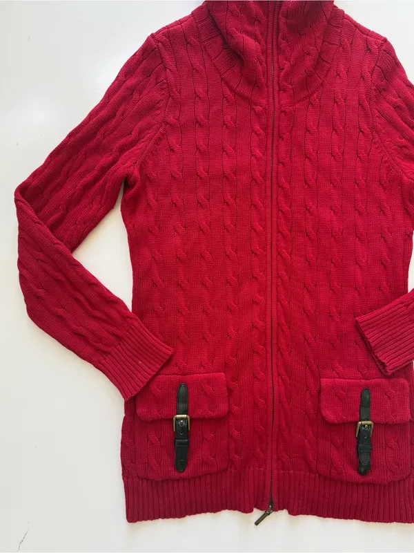 Lauren - Ralph Lauren Red Cable Knit Zip Up Cardigan Size Medium - Image 2