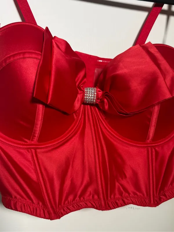Victoria's Secret Dream Angels Red Satin Bustier Crop Top Bow Detail 38D NWT - Image 2