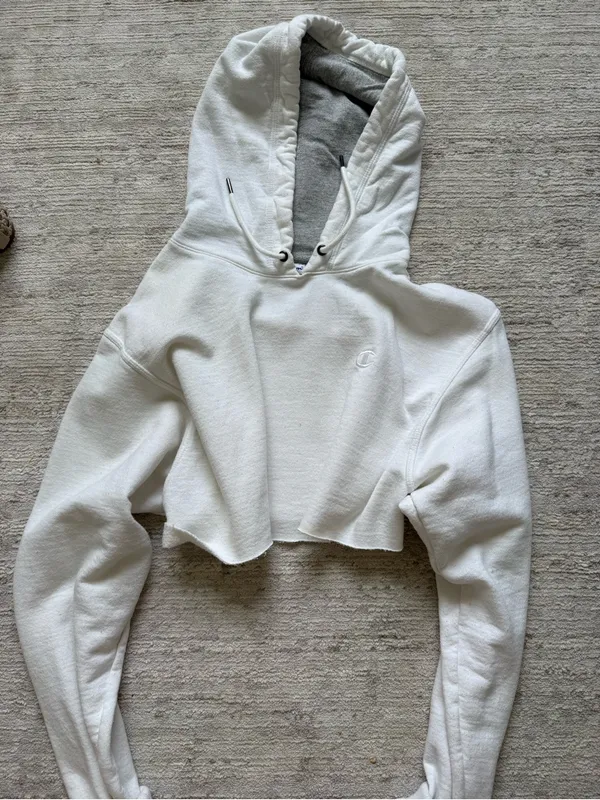 Champion White Cropped Hoodie with Gray Lined Hood - Image 3