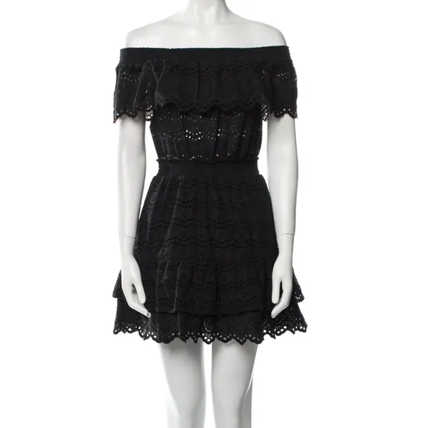 Love Shack Fancy Black Lace Off Shoulder Mini Dress Womens XS Whimsigoth Boho - Image 2