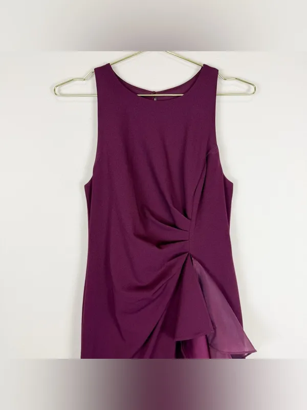 Adrianna Papell High Low Crepe Halter Gown Organza Draping In Cabernet Size‎ 4 - Image 9
