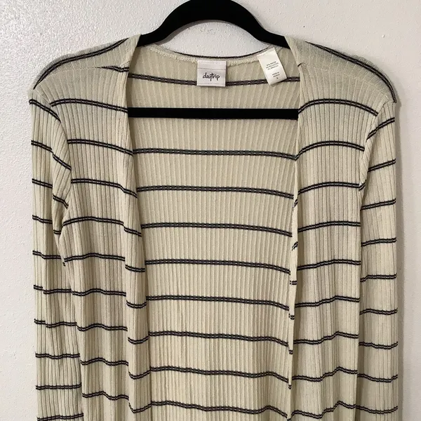 Daytrip Minimalist Chic Cozycore Slouchy‎ Striped Cream Long Open Cardigan Small - Image 2