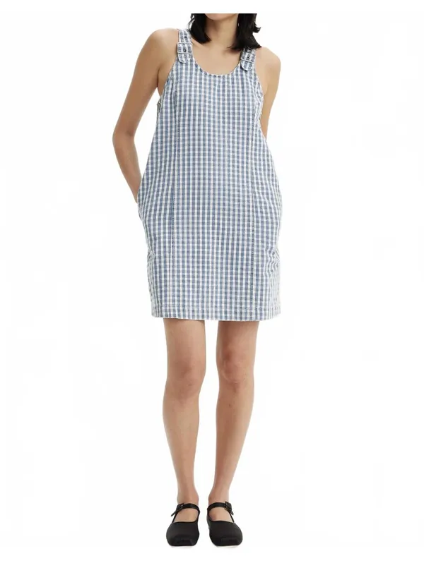 Levi's Aly Sleeveless Jumper Mini Denim Dress Blue White Check Gingham NWT Large - Image 2