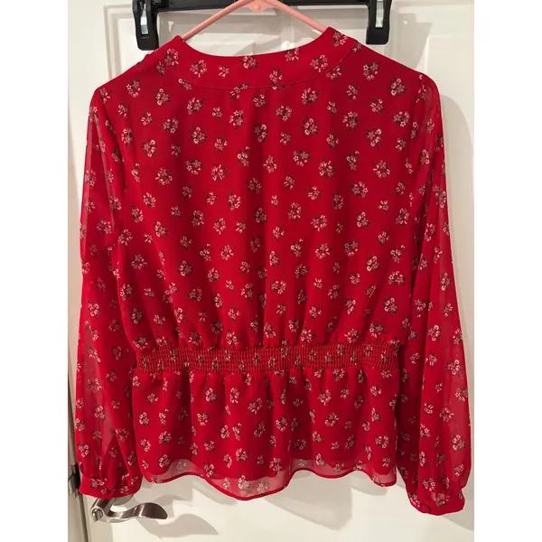 Madewell Floral Print‎ Peplum Top Blouse V-Neck Long Sleeve Red Small - Image 4