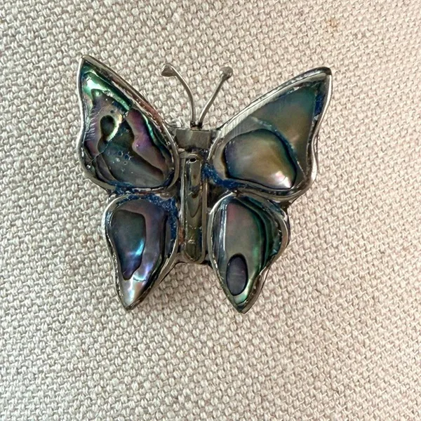 Vintage Alpaca Mexico Abalone Shell Butterfly Brooch - Image 2
