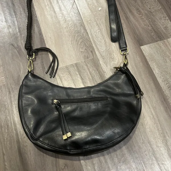 Anthropologie Black Faux Leather Hobo Bag with Metallic Hardware - Image 2