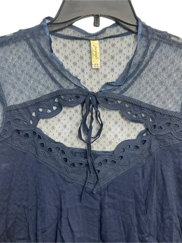 Free People Navy Blue Sheer Lace Eyelet Long Sleeve Boho Blouse Top Size M - Image 4