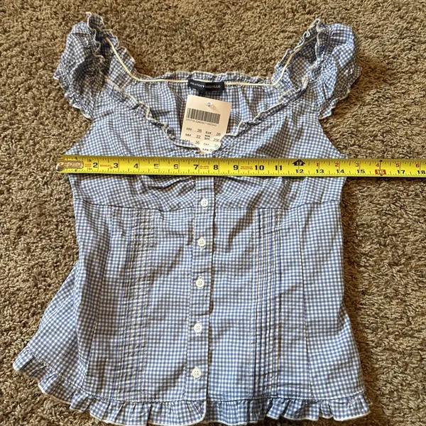 Brandy Melville Blue White Gingham Elara Button Front Ruffle Top One Size NWT - Image 4