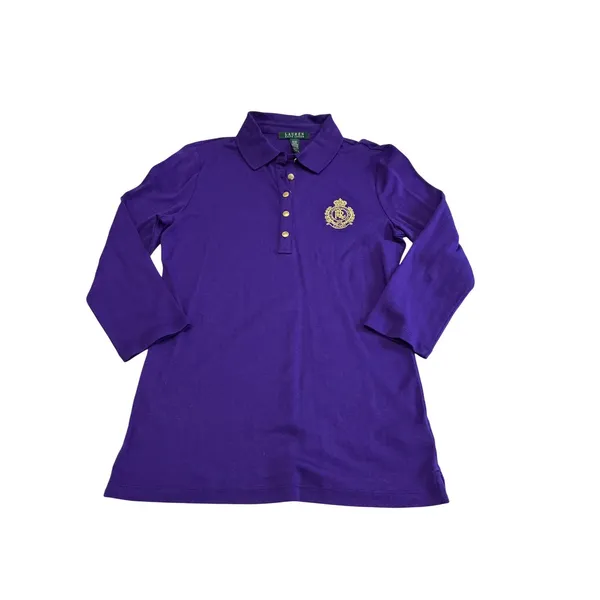 Lauren‎ Ralph Lauren Purple 3/4 Sleeve Polo Shirt Gold Crest Embroidery M - Image 9