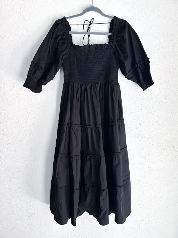 Hill House Home Nesli Nap Dress Black Smocked Tiered Midi Puff Sleeve Small - Image 2