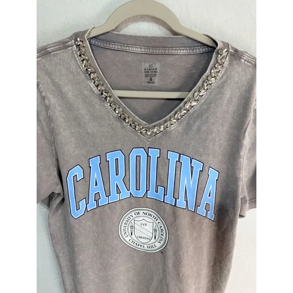 UNC Carolina Tarheels Rhinestone Jeweled V-Neck Tee Small Grey Gameday Couture - Image 3