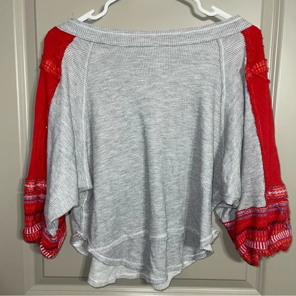 We the Free People Red embroidered Bubble‎ Sleeve Gray Shirt XS - Image 6