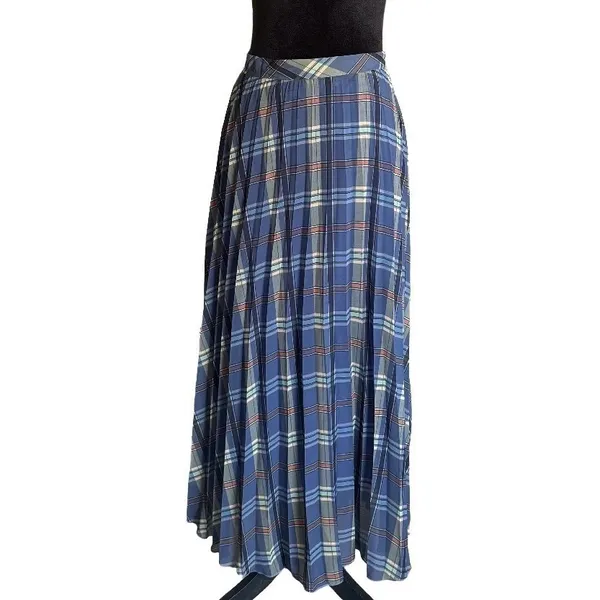 8 BY YOOX Blue Plaid Pleated Maxi Skirt Made in Italy Size IT 44‎ US 8 Picnic - Image 2