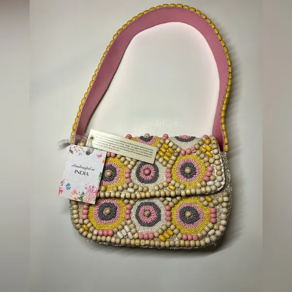 Handcrafted in India Viral Wooden Beaded Colorful Pink Pastel Shoulder Bag Purse - Image 4