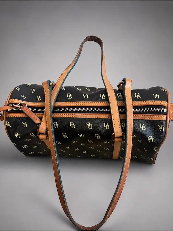 Dooney Bourke Y2K Signature Monogram Barrel Shoulder Bag Dark Brown Leather Trim - Image 4
