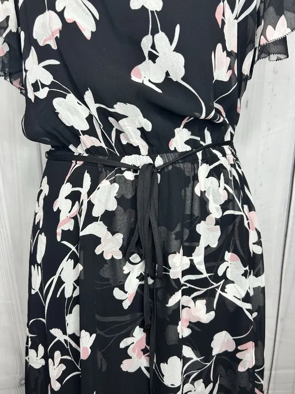 White House | Black Market Sz 8 Chiffon Black Garden Floral Elastic Waist Midi Dress Keyhole Neckline - Image 4