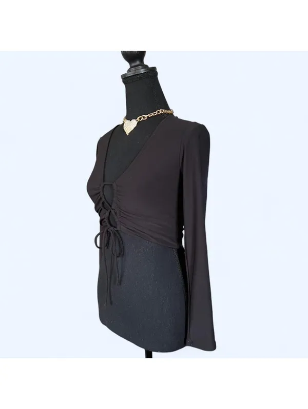 Y2K Black coquette long sleeve top with tie detail size small 🖤 - Image 4