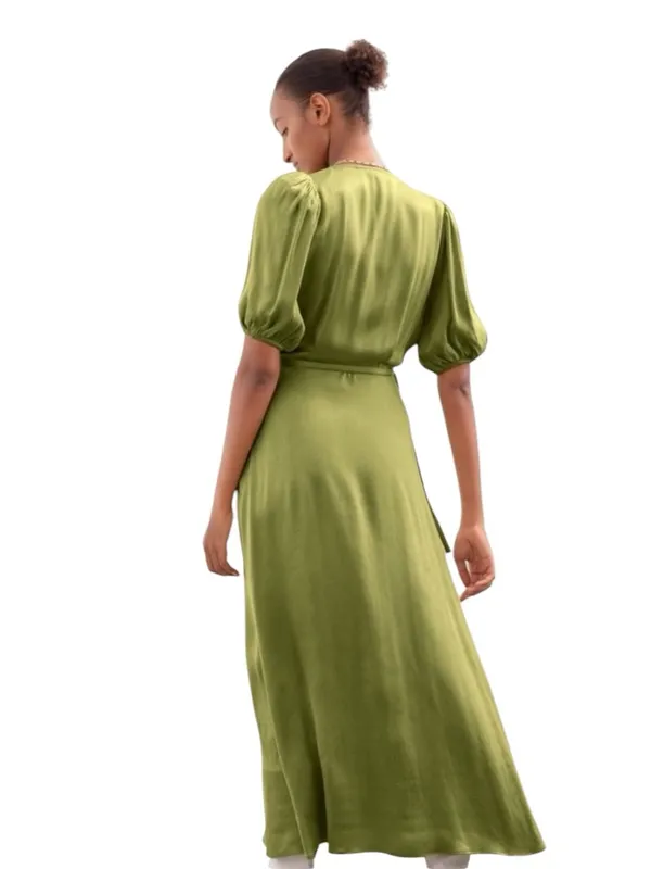 & Other Stories - Satin Wrap Midi Maxi Dress Olive Green Puff Sleeve Sz US 4 - Image 2