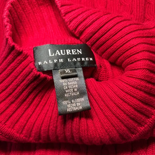 VTG Lauren Ralph Lauren Red Cable Knit Mock Neck Crest Sweater Womens XL Preppy - Image 2