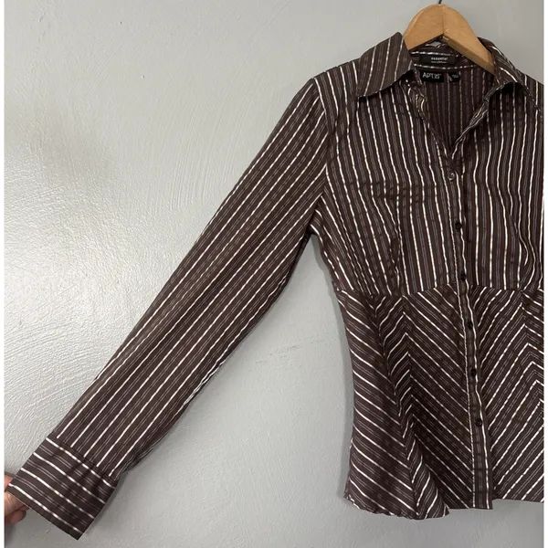 Apt. 9 Babydoll 90s Y2K 2000 Size Small Dark Brown Striped Button Up Shirt Office Siren - Image 3