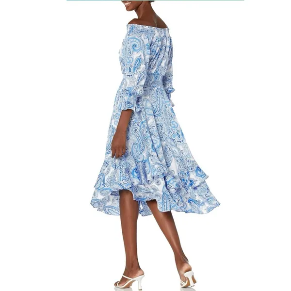 Tahari New Smocked Dress Asymmetrical Ruffle Hem Blue Paisley NWT Women Size 16 - Image 2