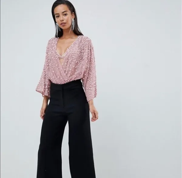 NWOT Asos Maya Bodysuit Sequin Embellished Blush Wrap Blouse sz 8 - Image 3