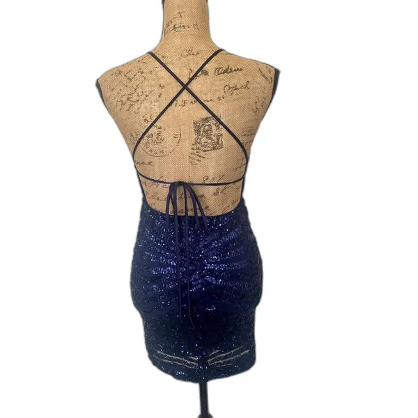 PromGirl Royal‎ Blue Sequin Bodycon Mini Dress Plunge V-Neck Lace Up Back Small - Image 4