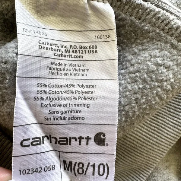 Carhartt Full Zip Sweatshirt High Neck Fleece Lined Ribbed Trim Cotton Gray M - Image 3
