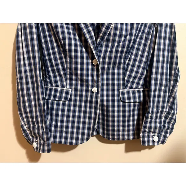 Banana Republic Plaid Blazer Women Small Navy Blue Excellent Cotton Shirt Jacket - Image 7