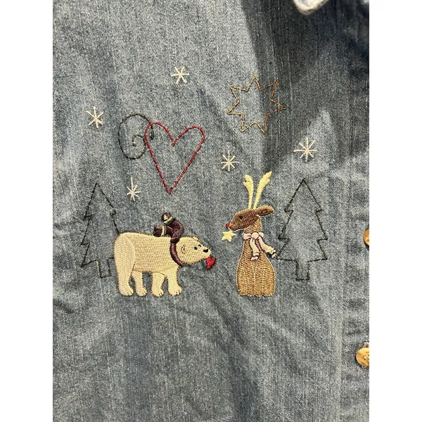 Christopher & Banks Womens‎ Large Blue Denim Embroidered Christmas Winter Shirt - Image 2