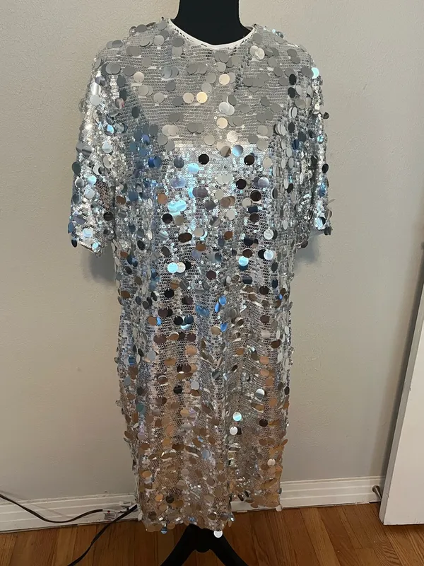 Glamorous Short Sleeve Silver Sequin Shift Dress Anthropologie Size 1X NWT - Image 2