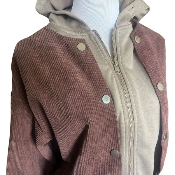Womens Shein Y2K Brown Corduroy Jacket w Attached Hoodie Coat - Sz S HT Black n - Image 2