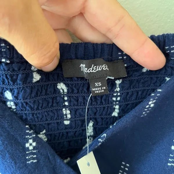 Madewell Sz M Jacquard Navy Puff Short Sleeve Cropped Top Blouse V Neck Pullover - Image 6