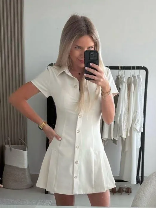 Zara mini dress pleated skirt collar button up ivory casual classic old money - Image 13