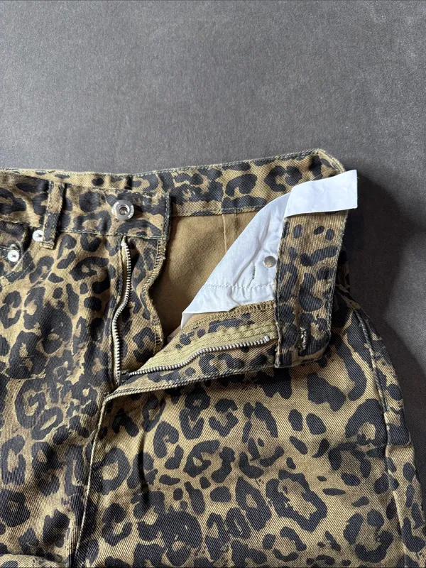 Women’s Leopard Print Wide Leg Denim Jeans Brown Black Y2K Size S NWOT - Image 6