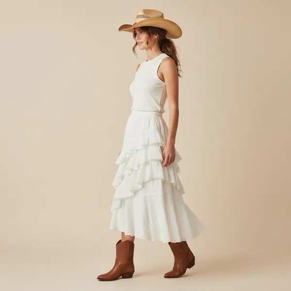 Mable Mischa Crochet Lace White Tired Ruffle Maxi Skirt Coastal Cowgirl Boho M - Image 2