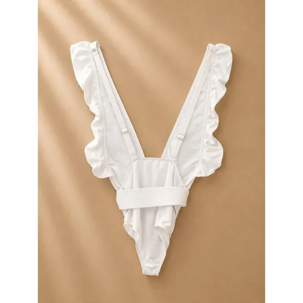 Unbranded Women Swimsuit Small White Ruffle Deep V-Neck Belted One Piece - Image 2