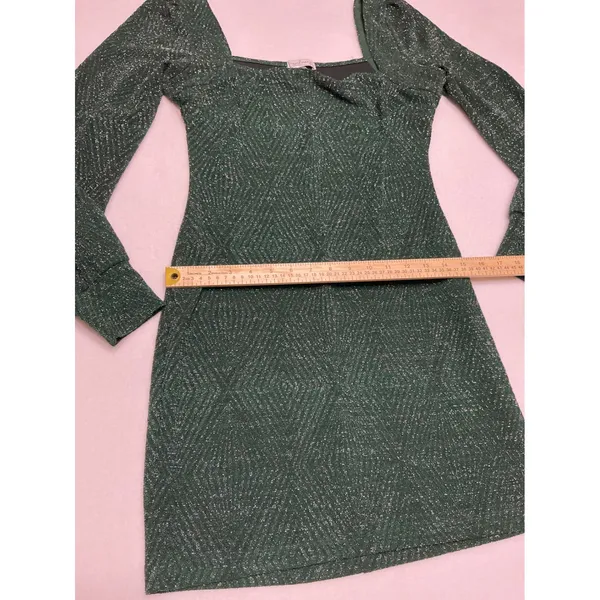 Xtraordinary Womens M Green Metallic Glitter Puff Sleeve Mini Dress Holiday - Image 6