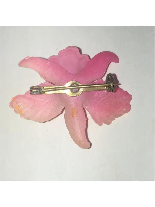 Vintage Pink Orchid Flower Brooch with Yellow Center - Image 5