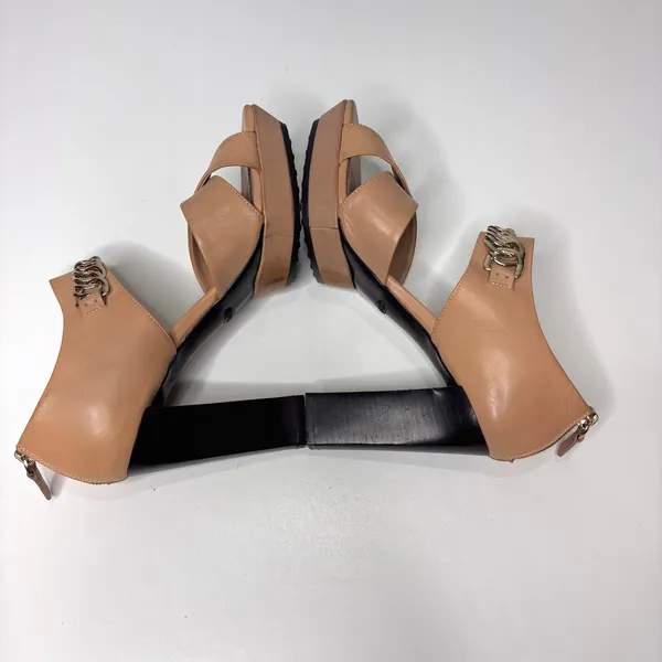 Tod’s Tan, Nude Leather Gold Chain Link Platform Heeled Sandals 39 - Image 10
