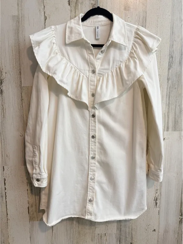ZARA White Denim Ruffle Western Shirt Jacket Shacket Size M - Image 2