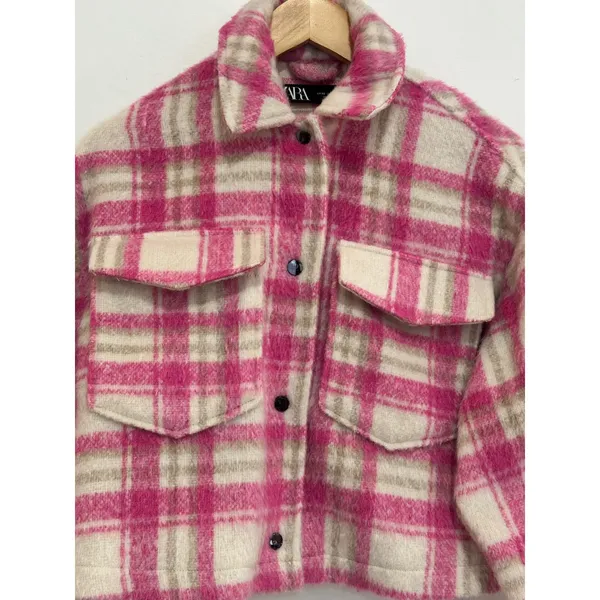 Zara Pink Plaid Cropped Shacket Jacket Size XS Fall Oversized - Image 2