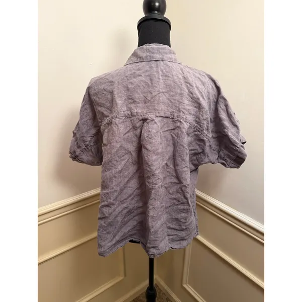 Eileen Fisher Washed Organic Linen Short Sleeve Button Up Top Grey Purple - Image 5