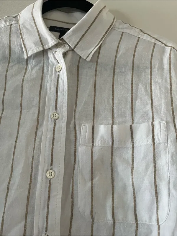 Banana Republic 100% Linen Striped Button Down Shirt XS White Beige Coastal - Image 3