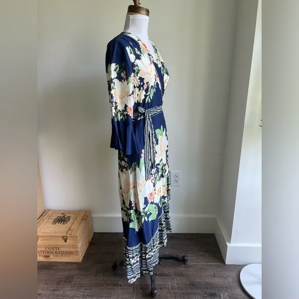 Farm Rio Anthropologie Midnight Flower Wrap Dress Blue Floral Cottage Small - Image 4