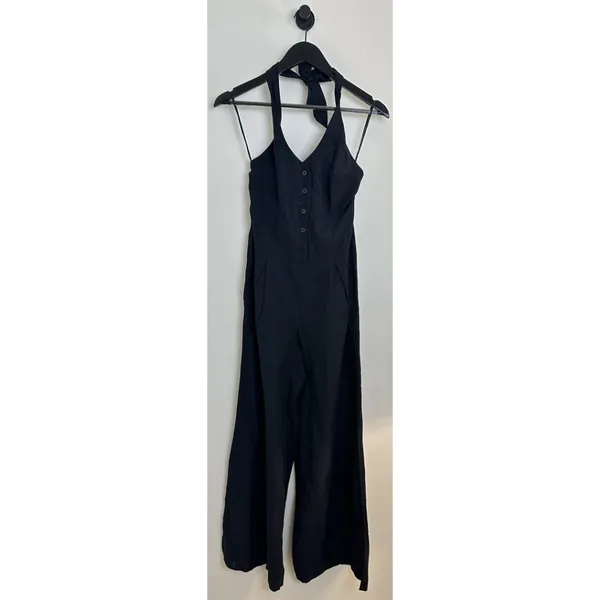 L*SPACE Alena Halter Wide-Leg Linen Jumpsuit in Black Size Small - Image 3
